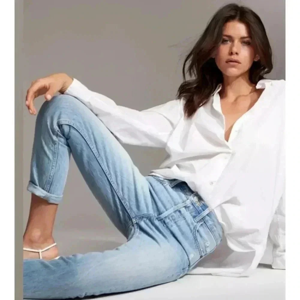 Denim Forum The Ex Boyfriend High Waisted Tapered Relaxed Mid Blue Wash